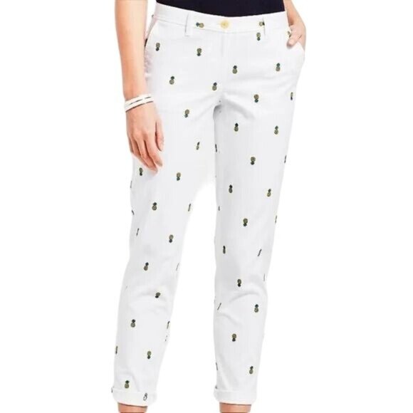 Talbots Pants - Talbots Girlfriend Chino Pants Womens 14P Embroidered Pineapples White Ankle
